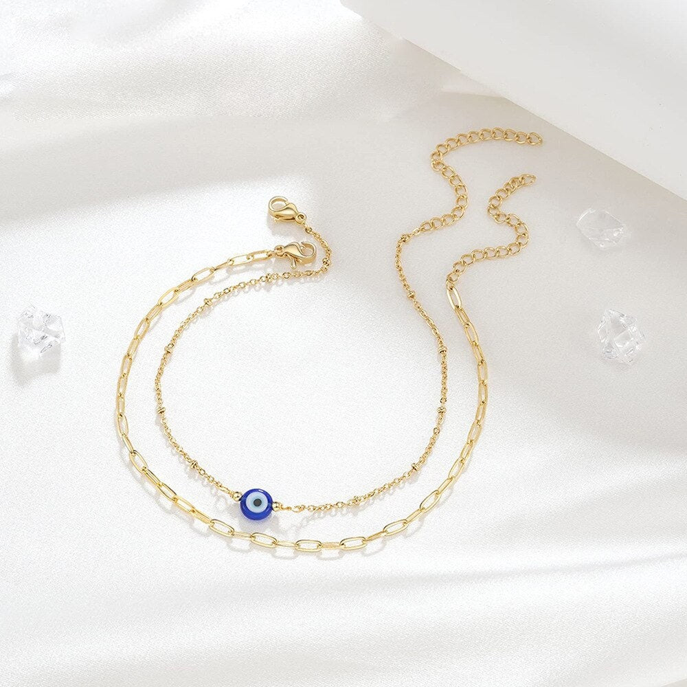 Dainty Blue Evil Eye Anklet, Gold Evil Eye Anklet, 18K Gold Bracelet, Boho Punk Evil Eye Minimalist Evil Eye for Women, Gift for Her