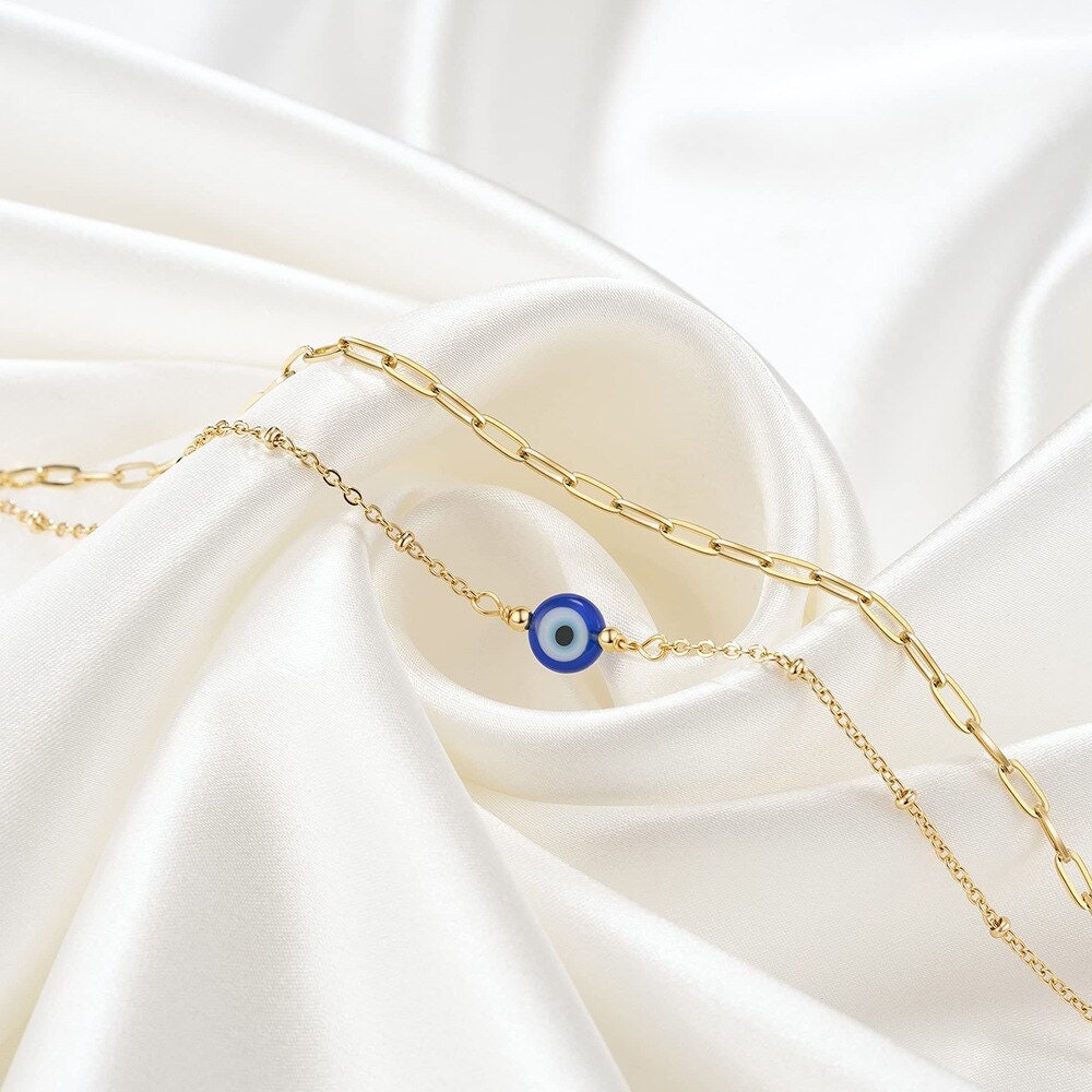 Dainty Blue Evil Eye Anklet, Gold Evil Eye Anklet, 18K Gold Bracelet, Boho Punk Evil Eye Minimalist Evil Eye for Women, Gift for Her