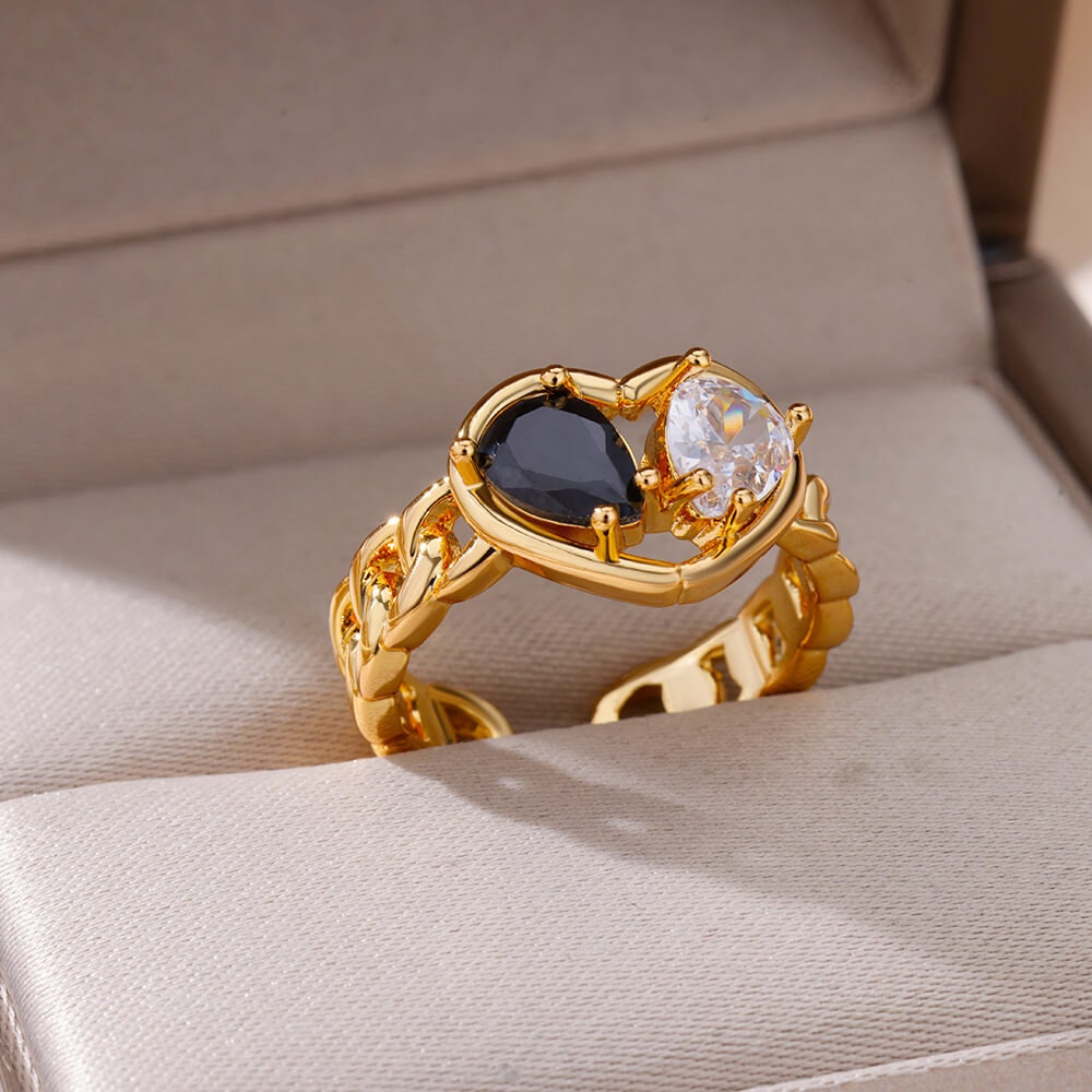 Punk Gold Heart White & Black Ring, Boho Cubic Zirconia Double Heart Ring, 18K Gold Heart Ring, Dainty Minimalist for Women, Gift for Her