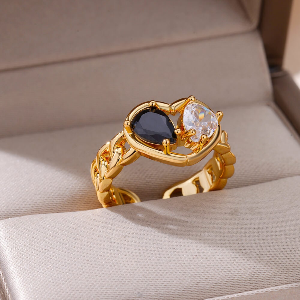 Punk Gold Heart White &amp; Black Ring, Boho Cubic Zirconia Double Heart Ring, 18K Gold Heart Ring, Dainty Minimalist for Women, Gift for Her