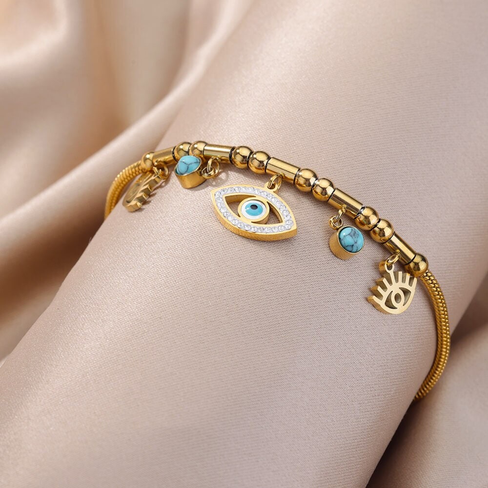 Gothic Evil Eye Moonstone Bracelet, Gold Punk Evil Eye Bracelet, 18K Gold Bracelet, Protection Amulet for Women, Gift for Her