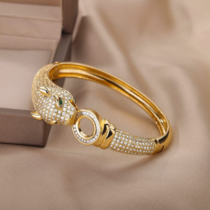 Punk Gold Leopard Bangle, 18K Gold Jaguar Bracelet, Luxury Cubic Zirconia Leopard Bangle for Women, Gothic Jaguar Bangle, Gift for Her