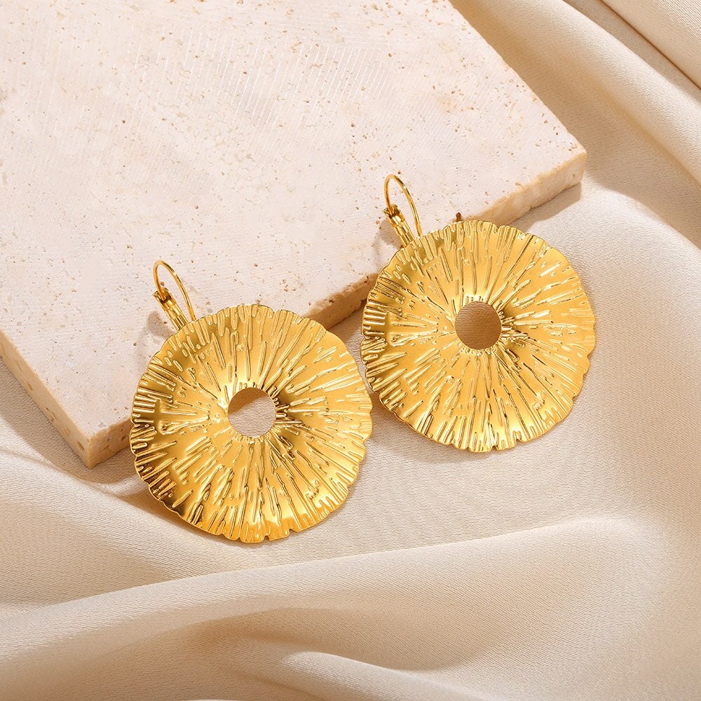 Punk Flat Round Drop Earrings, Gold Organic Circle Earrings, 18K Gold Thin Circle Earrings, Boho Dainty Minimalist for Women, Gift for Her