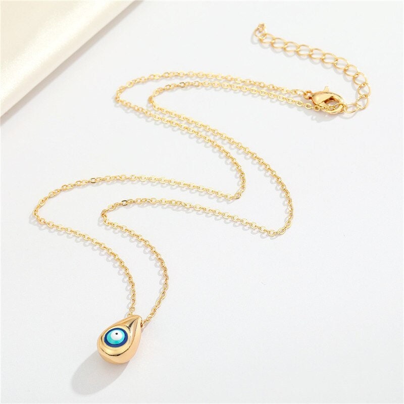 Punk Evil Eye Tear Drop Pendant, Gold Evil Eye Water Drop Necklace, 18K Gold Drop Necklace, Gothic Protection Amulet for Women, Gift for Her