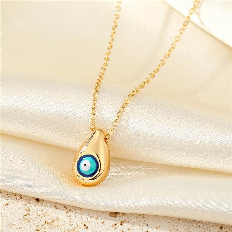 Punk Evil Eye Tear Drop Pendant, Gold Evil Eye Water Drop Necklace, 18K Gold Drop Necklace, Gothic Protection Amulet for Women, Gift for Her