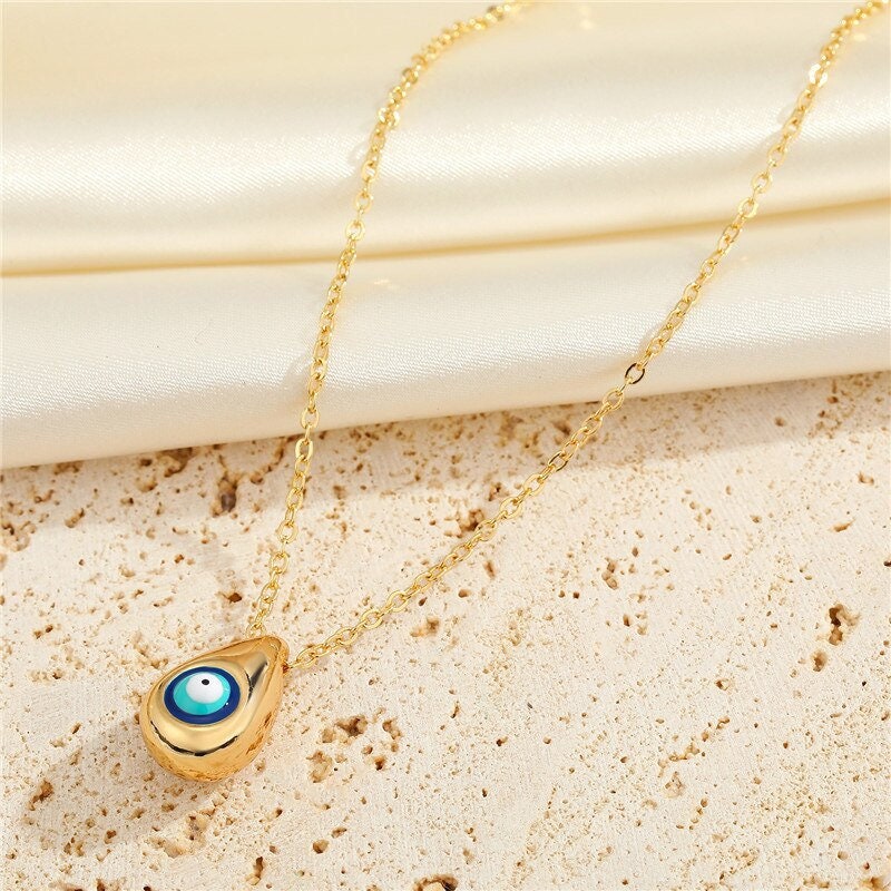 Punk Evil Eye Tear Drop Pendant, Gold Evil Eye Water Drop Necklace, 18K Gold Drop Necklace, Gothic Protection Amulet for Women, Gift for Her