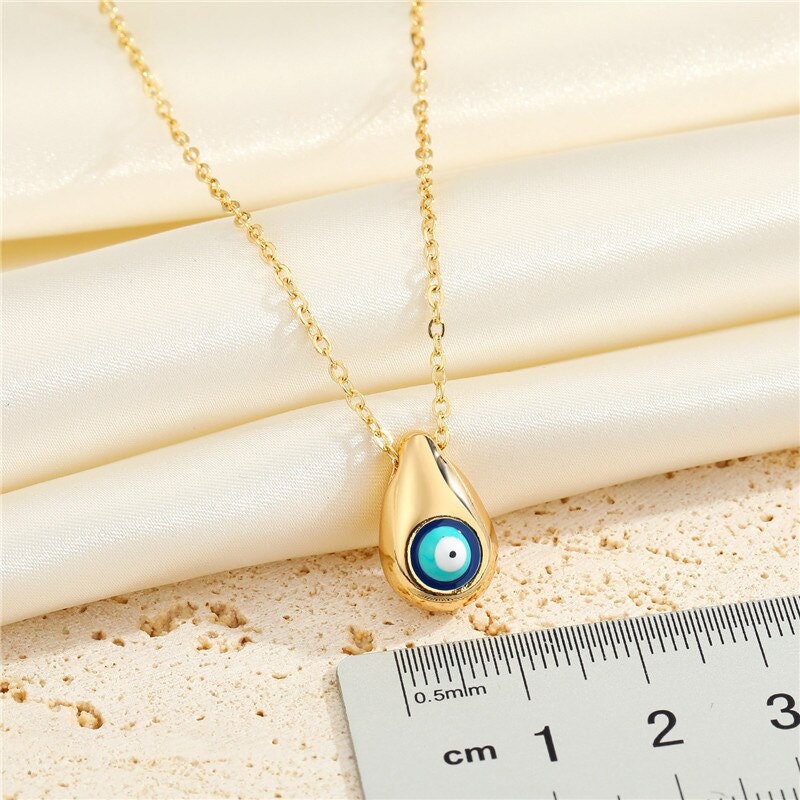 Punk Evil Eye Tear Drop Pendant, Gold Evil Eye Water Drop Necklace, 18K Gold Drop Necklace, Gothic Protection Amulet for Women, Gift for Her