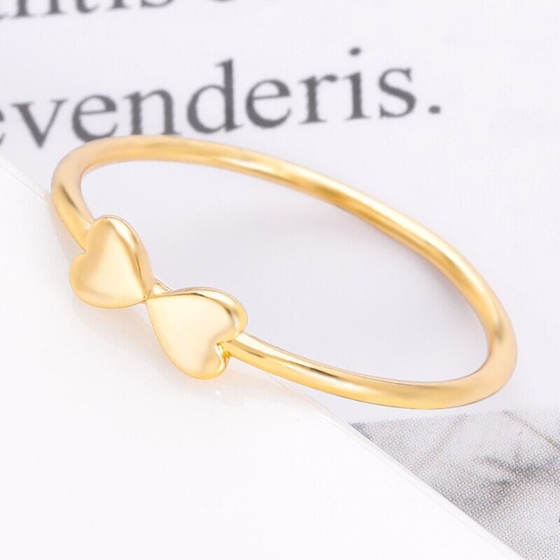 Dainty Double Heart Bow Ring, Gold Heart Bow Tie Ring, 18K Gold Hearts Ring, Boho Minimalist Punk Korean Jewelry for Women, Gift for Her
