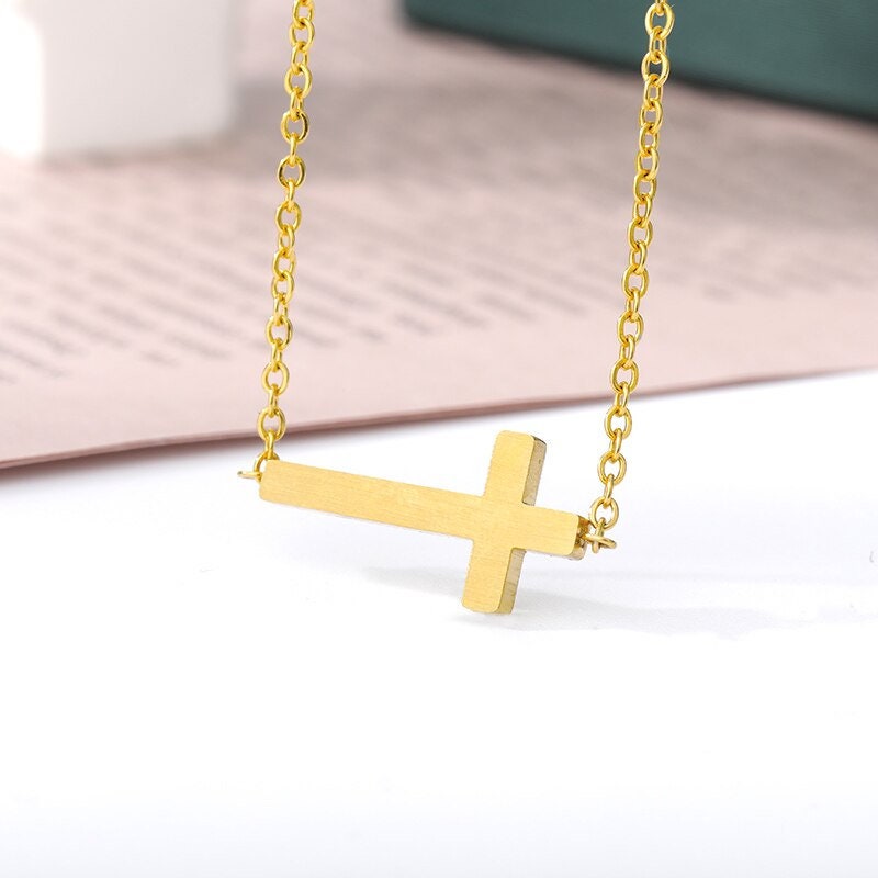 Dainty Gold Cross Pendant, Sideway Christian Cross Necklace, 18K Gold Religious Necklace, Mini Religious Minimalist for Women, Gift for Her