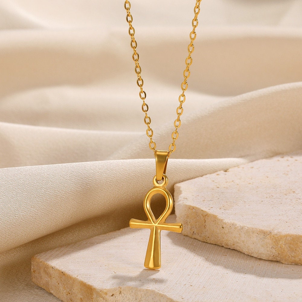 Gothic Egyptian Ankh Pendant, Gold Egyptian Key of Life Necklace, 18K Gold Egyptian Cross, Boho Dainty Minimalist Ethnic Religious for Women