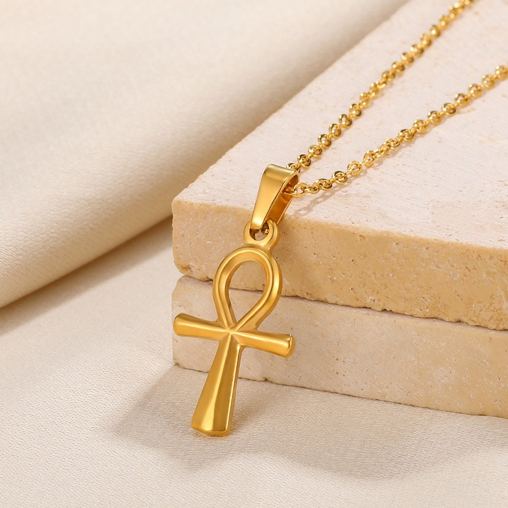 Gothic Egyptian Ankh Pendant, Gold Egyptian Key of Life Necklace, 18K Gold Egyptian Cross, Boho Dainty Minimalist Ethnic Religious for Women