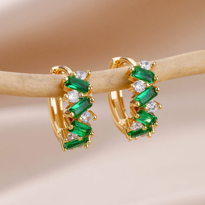 Boho Green Cubic Zirconia Hoop Earrings, Gold Zircon Hoops, 18K Gold Hoop Earrings, Dainty Minimalist Green Earrings for Women, Gift for Her