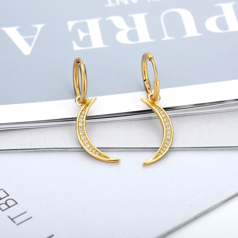 Punk Crescent Moon Earrings, Gold Moon Drop Earrings, 18K Gold Moon Dangle Hoops, Boho Dainty Minimalist Jewelry for Women, Gift for Her