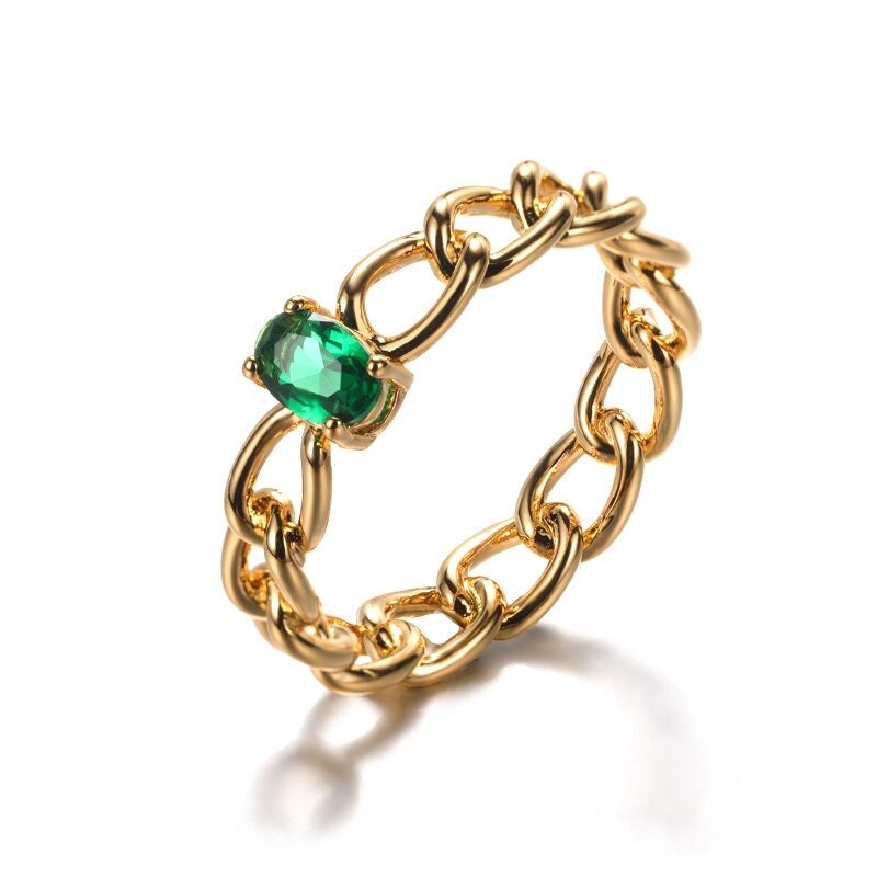 Punk Cuban Link Ring, Gold Chain Crystal Ring, 18K Gold Green Cubic Zirconia, Boho Dainty Minimalist Ring for Women, Gift for Her