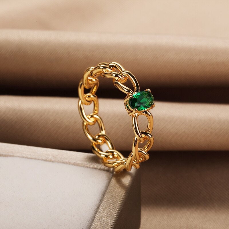 Punk Cuban Link Ring, Gold Chain Crystal Ring, 18K Gold Green Cubic Zirconia, Boho Dainty Minimalist Ring for Women, Gift for Her