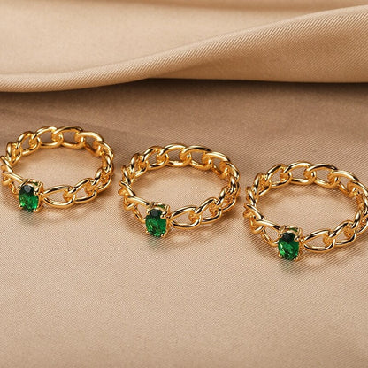 Punk Cuban Link Ring, Gold Chain Crystal Ring, 18K Gold Green Cubic Zirconia, Boho Dainty Minimalist Ring for Women, Gift for Her