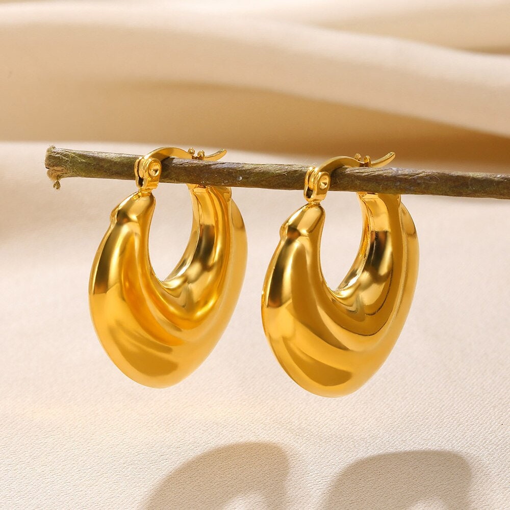 Punk Gold Hoop Earrings, Organic Thick Hoop Earrings, 18K Gold Large Hoops, Boho Dainty Minimalist Geometric Hoops for Women, Gift for Her