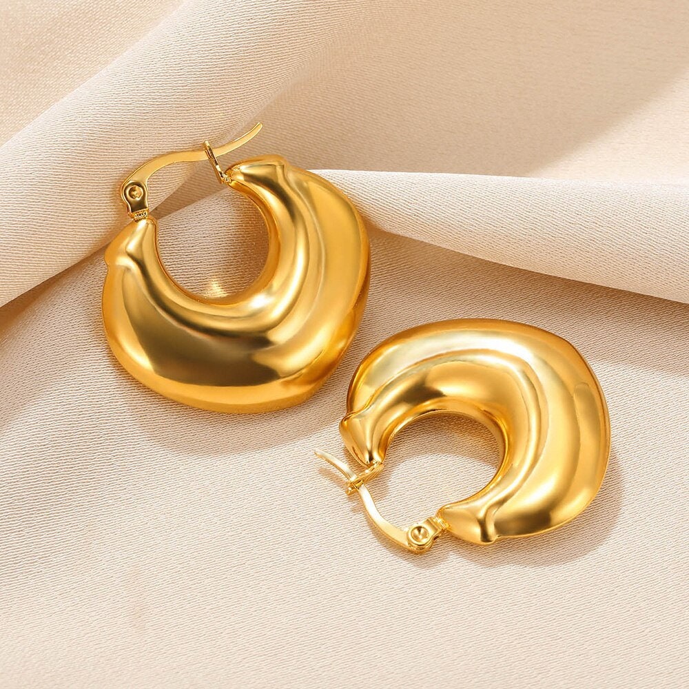 Punk Gold Hoop Earrings, Organic Thick Hoop Earrings, 18K Gold Large Hoops, Boho Dainty Minimalist Geometric Hoops for Women, Gift for Her