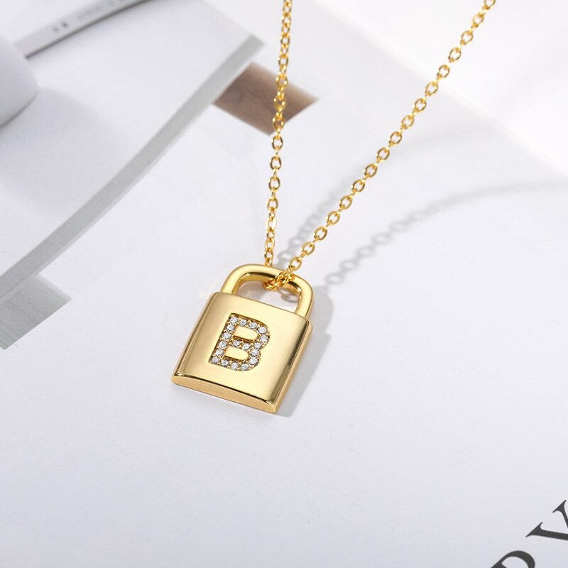Punk Lock Initial Pendant, Gold Crystal Lock Necklace, 18K Gold Cubic Zirconia, Boho Dainty Minimalist Letter for Women, Gift for Her