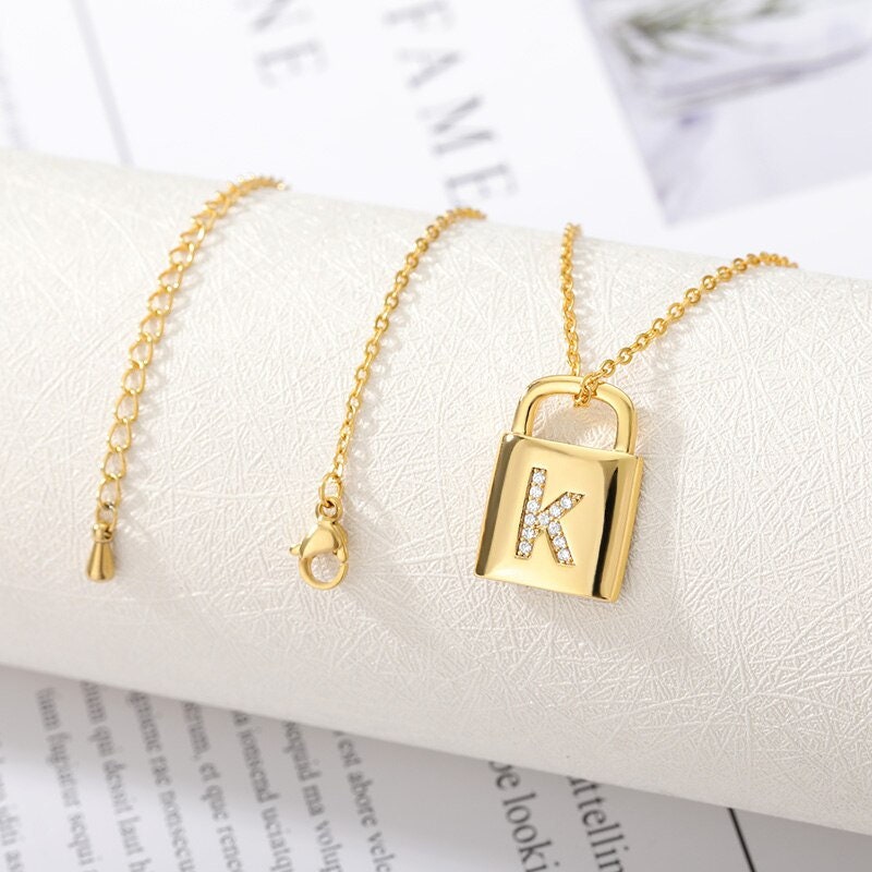 Punk Lock Initial Pendant, Gold Crystal Lock Necklace, 18K Gold Cubic Zirconia, Boho Dainty Minimalist Letter for Women, Gift for Her