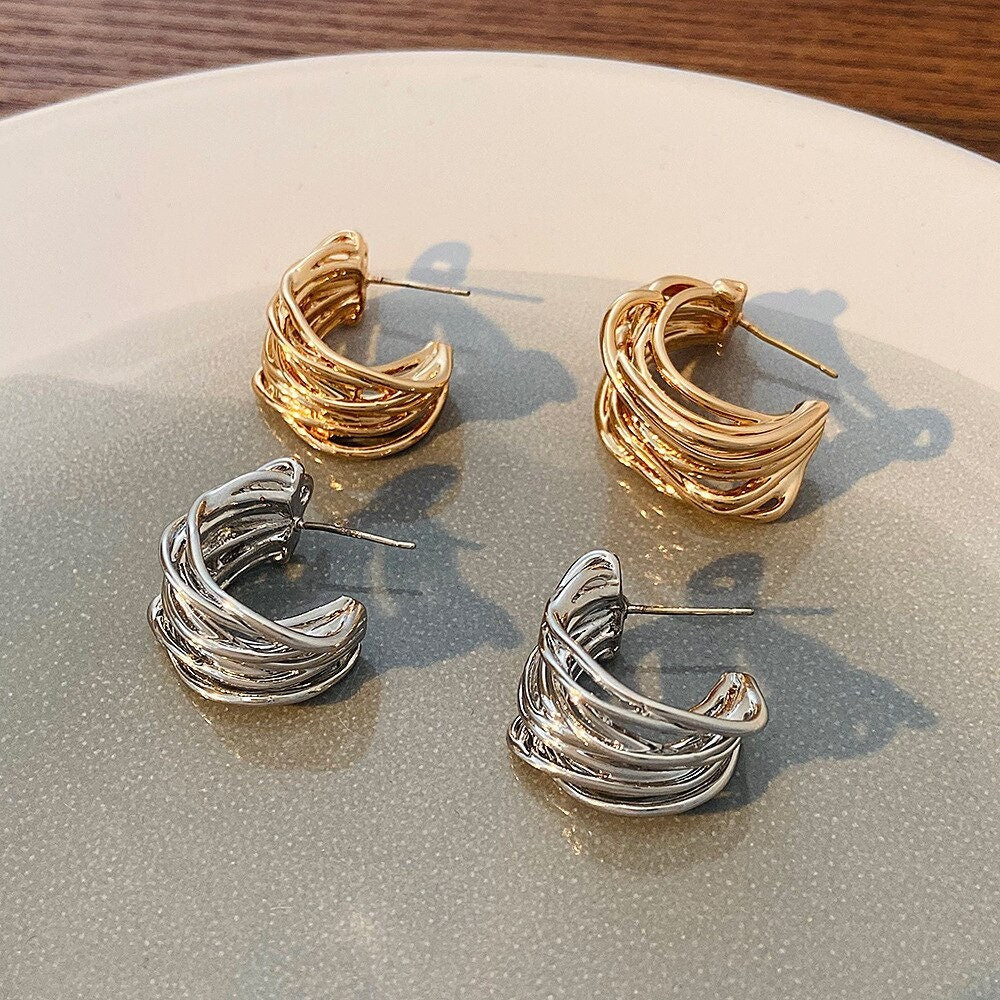 Punk Multi Layer Hoop Earrings, Boho Gold Organic Hoop Earrings, 18K Gold Hoops, Gothic Dainty Minimalist Multi Line for Women, Gift for Her