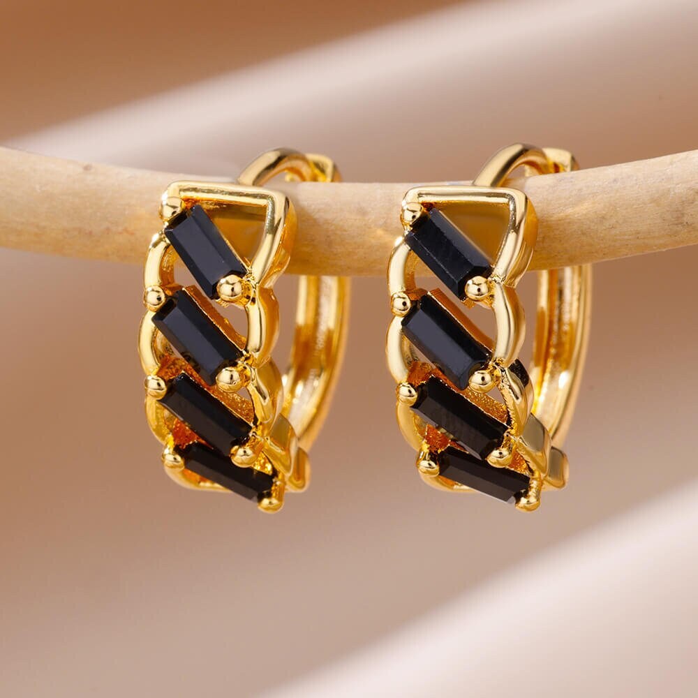 Punk Black Cubic Zirconia Hoop Earrings, Gold Rectangle Crystal Earrings, 18K Gold Link Hoop, Boho Dainty Minimalist for Women, Gift for Her