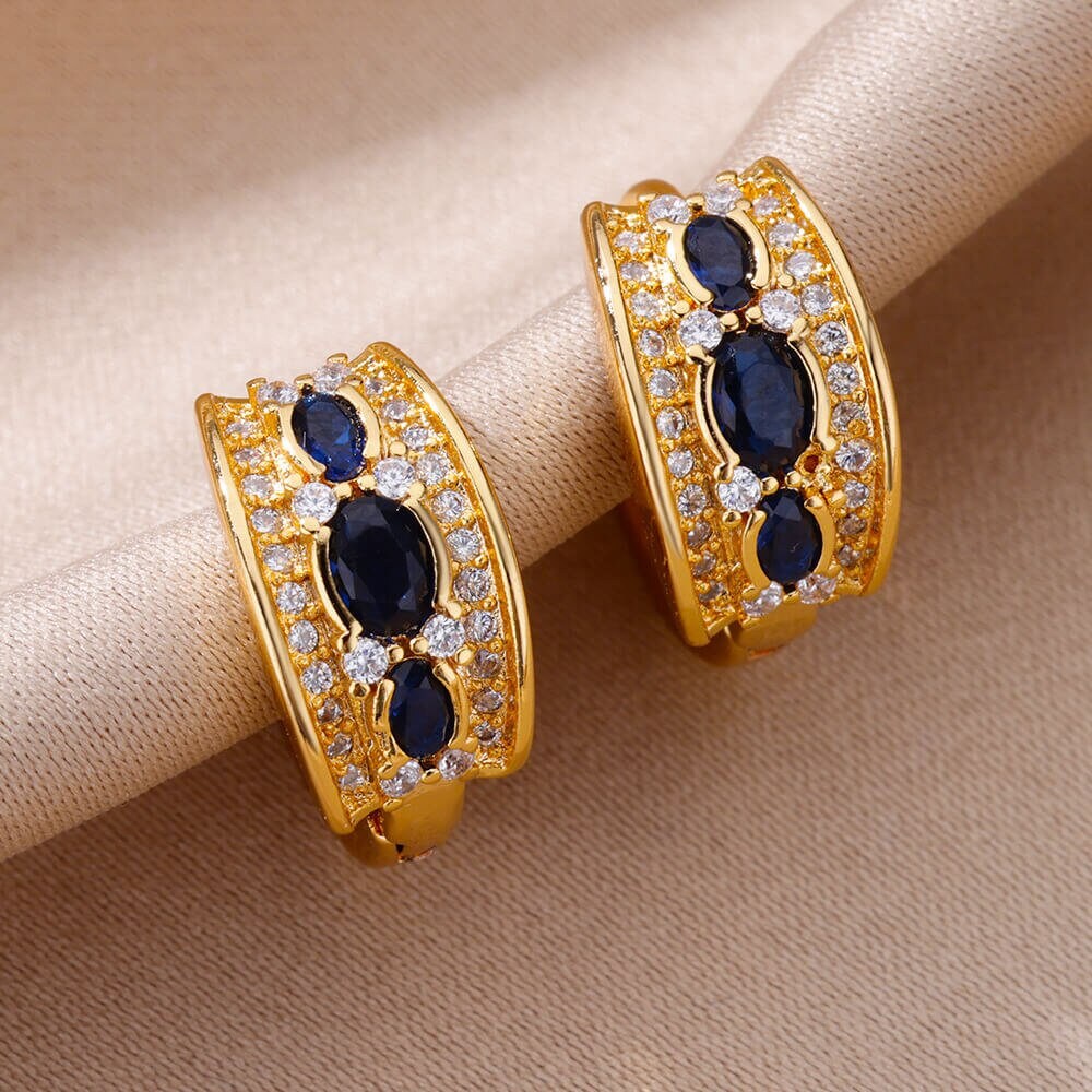 Punk Blue Cubic Zirconia Hoop Earrings, Gold Circle Crystal Earrings, 18K Gold Luxury Hoops, Boho Dainty for Women, Gift for Her