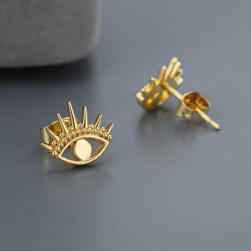 Boho Henna Eye Stud Earrings, Gold Eye Earrings, 18K Gold Evil Eye Earrings, Punk Dainty Minimalist Jewelry for Women, Gift for Her