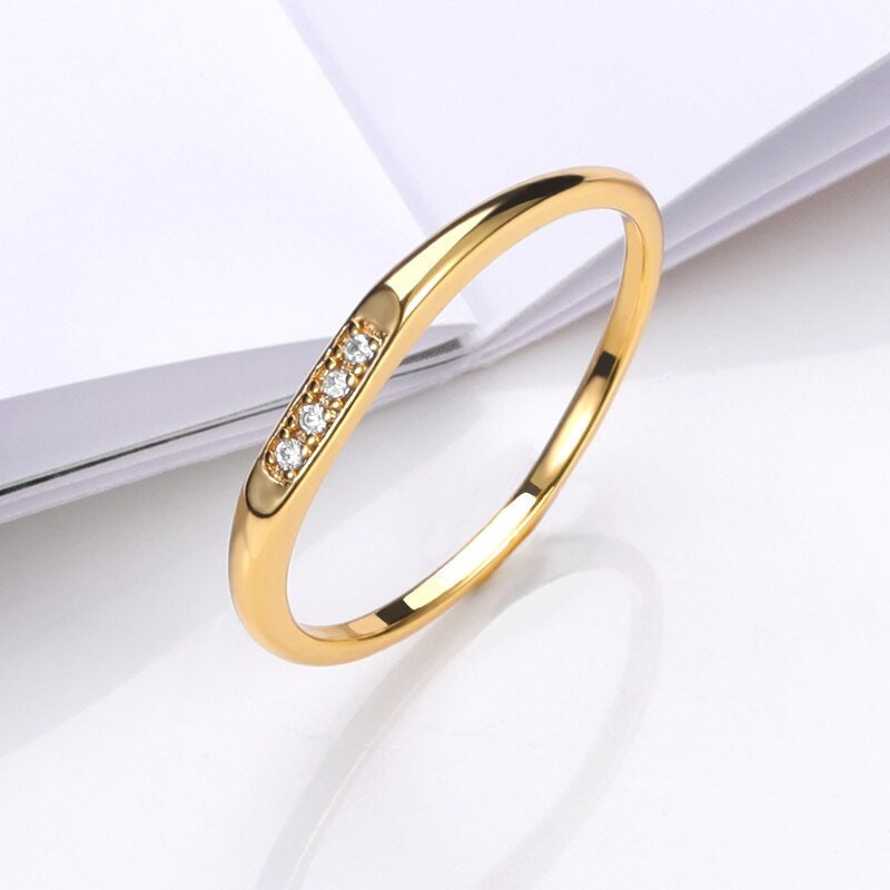 Dainty Thin Engagement Band, Gold Cubic Zirconia Ring, 18K Gold Engagement Ring, Boho Minimalist Ring for Women, Gift for Her