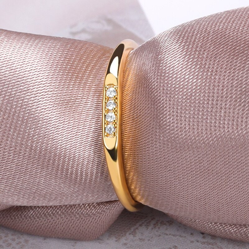 Dainty Thin Engagement Band, Gold Cubic Zirconia Ring, 18K Gold Engagement Ring, Boho Minimalist Ring for Women, Gift for Her