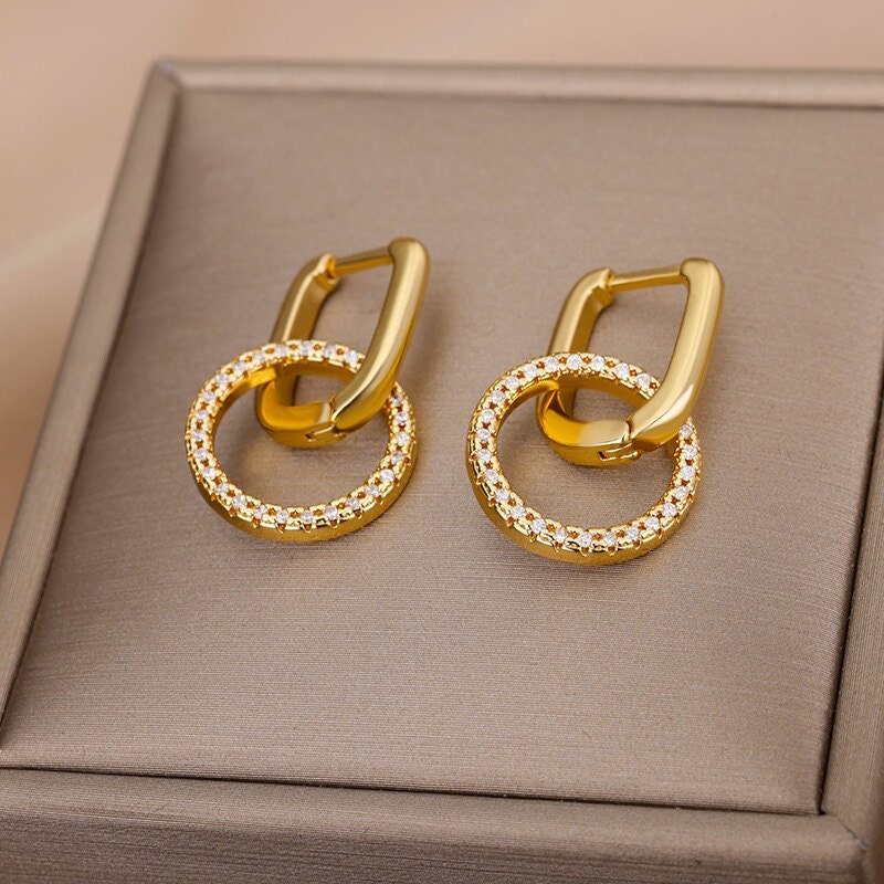 Boho Dainty Round Drop Hoop Earrings, Gold Round Dangle Earrings, 18K Gold Cubic Zirconia Circle Earrings, Dainty Minimalist for Women