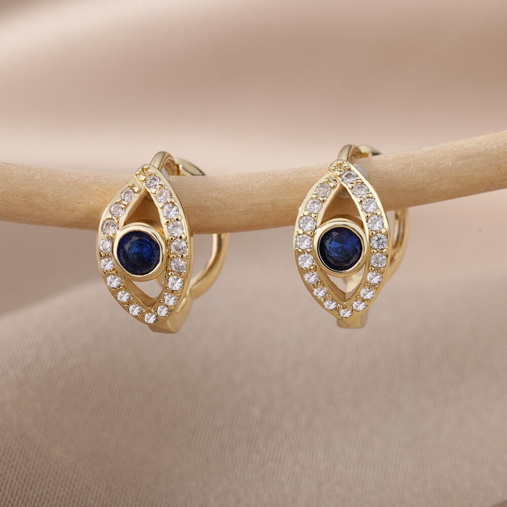 Punk Evil Eye Hoop Earrings, Gold Evil Eye Hoop Earrings, 18K Gold Eye Earrings, Gothic Cubic Zirconia Hoops for Women, Gift for Her
