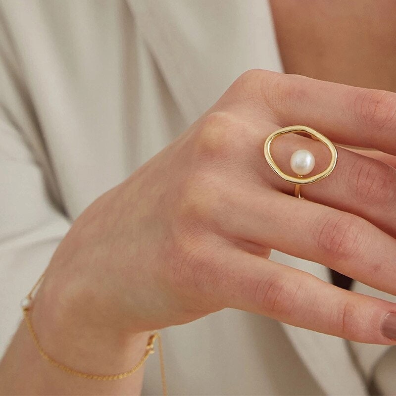 Punk Pearl Ring, 18K Gold Open Pearl Ring, Dainty Fine Pearl Ring, Gothic Fashion Adjustable Pearl Ring for Women, Gift for Her
