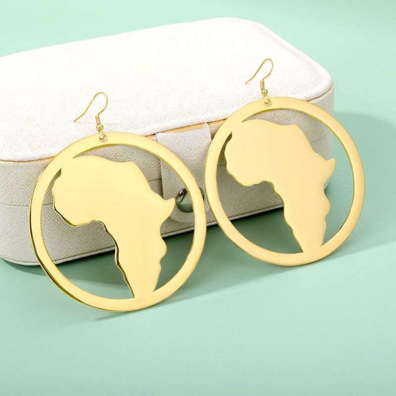 Ethnic Africa Continent Drop Earrings, Gold African Earrings, 18K Gold Africa Dangle Earrings, Boho Earrings for Women, Gift for Her