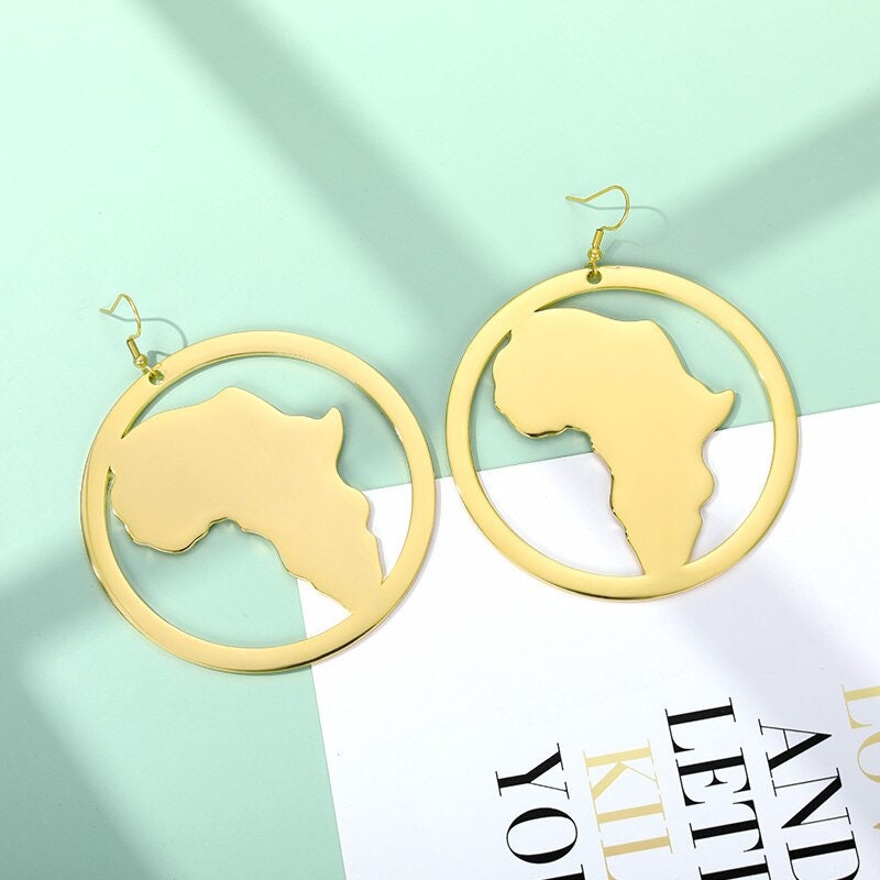 Ethnic Africa Continent Drop Earrings, Gold African Earrings, 18K Gold Africa Dangle Earrings, Boho Earrings for Women, Gift for Her