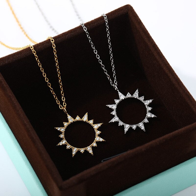 18K Gold Sun Pendant, Boho Hollow Sun Necklace, Gold Cubic Zirconia Punk Sun Pendant, Dainty Crystal Gothic Sun Necklace, Minimalist