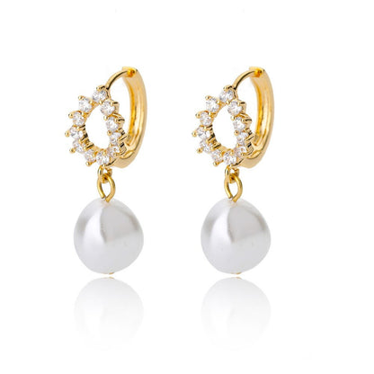 Boho Pearl Drop Earrings, Gold Pearl Drop Earrings, 18K Gold Pearl Hoop Earrings, Cubic Zirconia Dangle Dainty Minimalist, Gift for Her