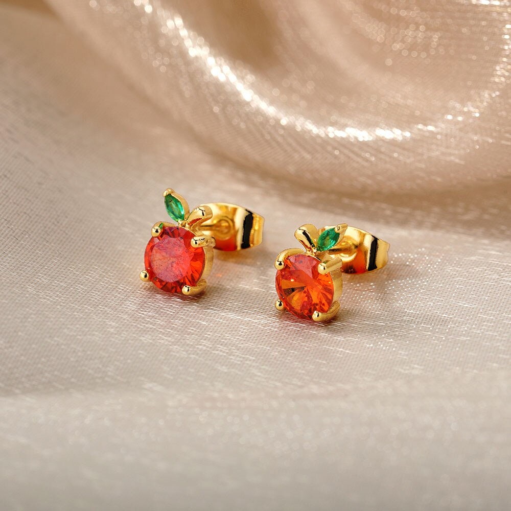 Boho Apple Stud Earrings, Gold Apple Studs, 18K Gold, Punk Cubic Zirconia Crystal Dainty Minimalist for Women, Gift for Her