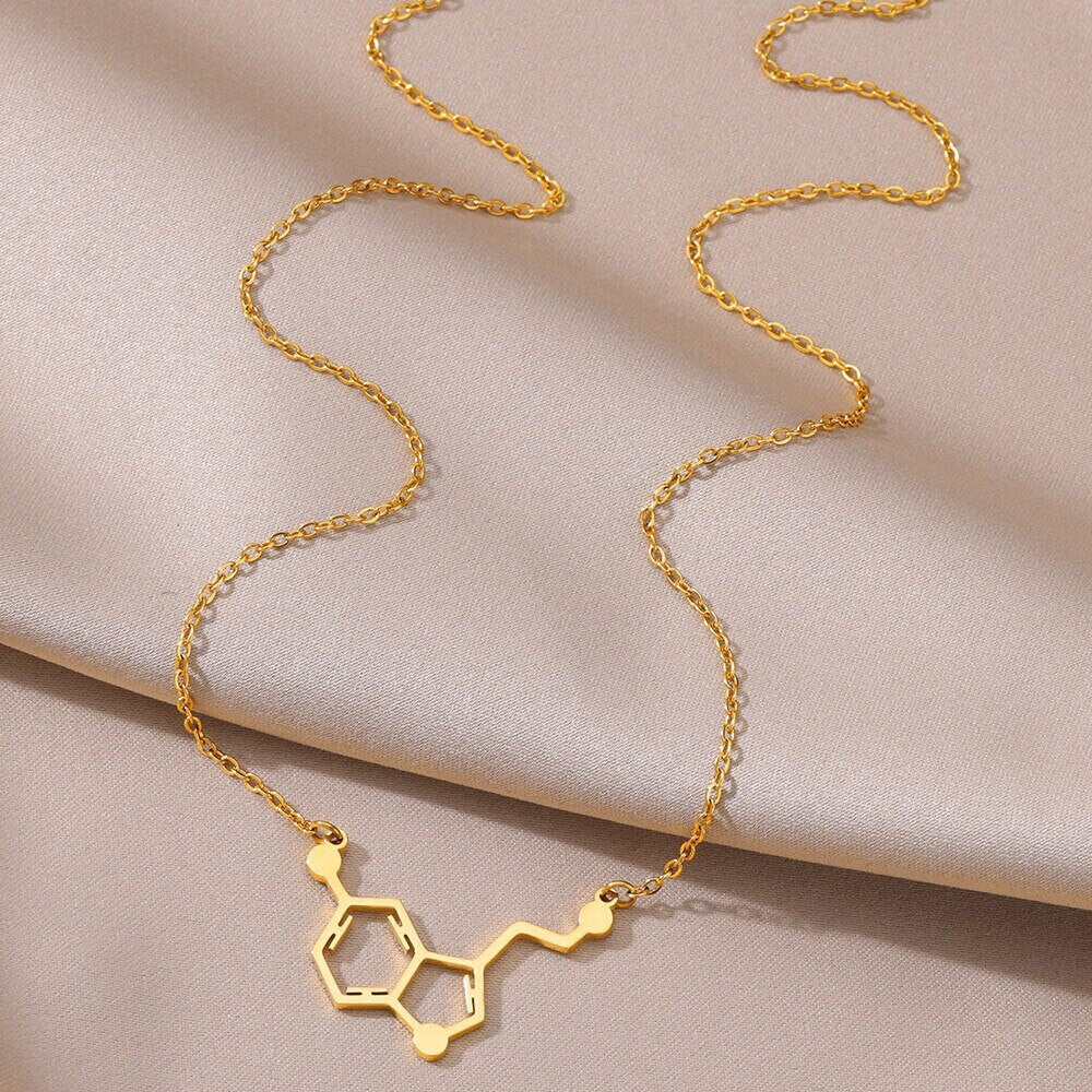 Punk Serotonin Hormone Molecule Pendant, Gold Serotonin Necklace, 18K Gold, Doctor Nurse Boho Dainty Minimalist for Women, Gift for Her