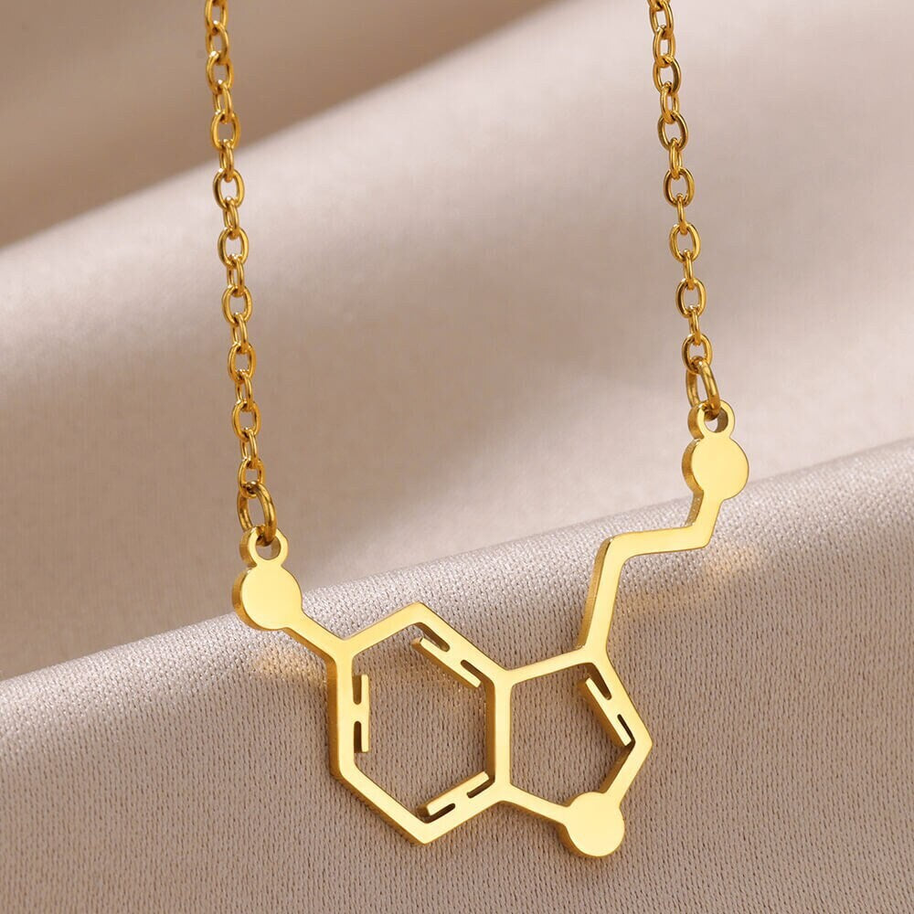 Punk Serotonin Hormone Molecule Pendant, Gold Serotonin Necklace, 18K Gold, Doctor Nurse Boho Dainty Minimalist for Women, Gift for Her