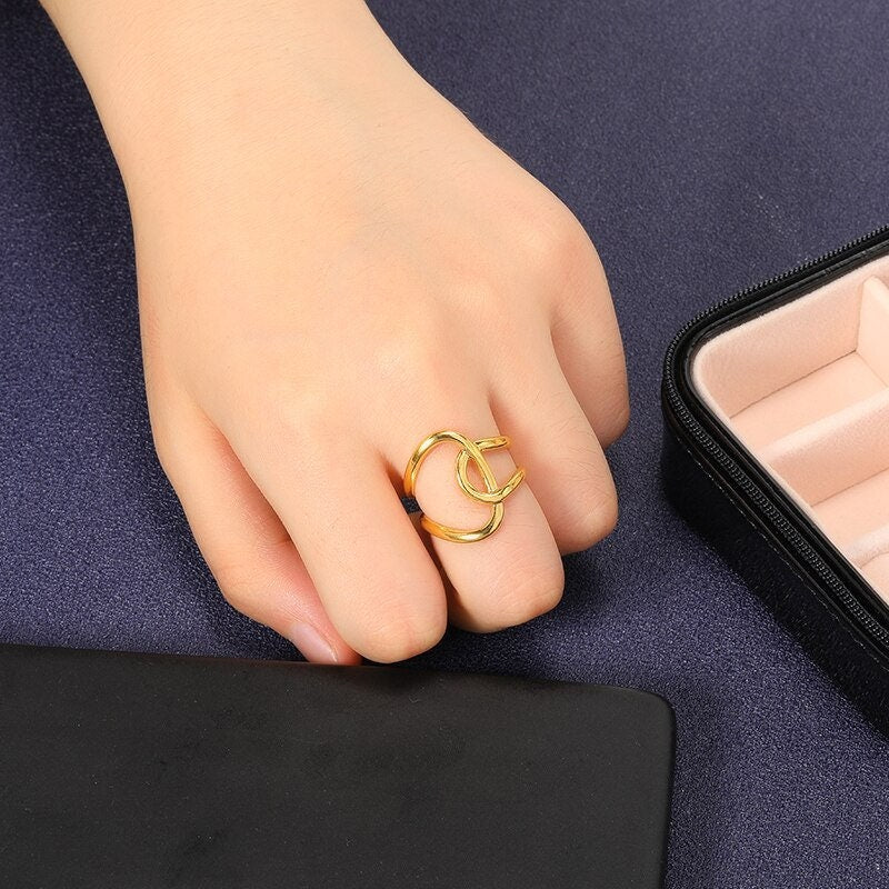 18K Gold Punk Hollow Ring, Boho Gold Geometric Twist Ring, Punk Hollow Ring for Women, Minimalist Abstract Artsy Twisted, Gift for Her