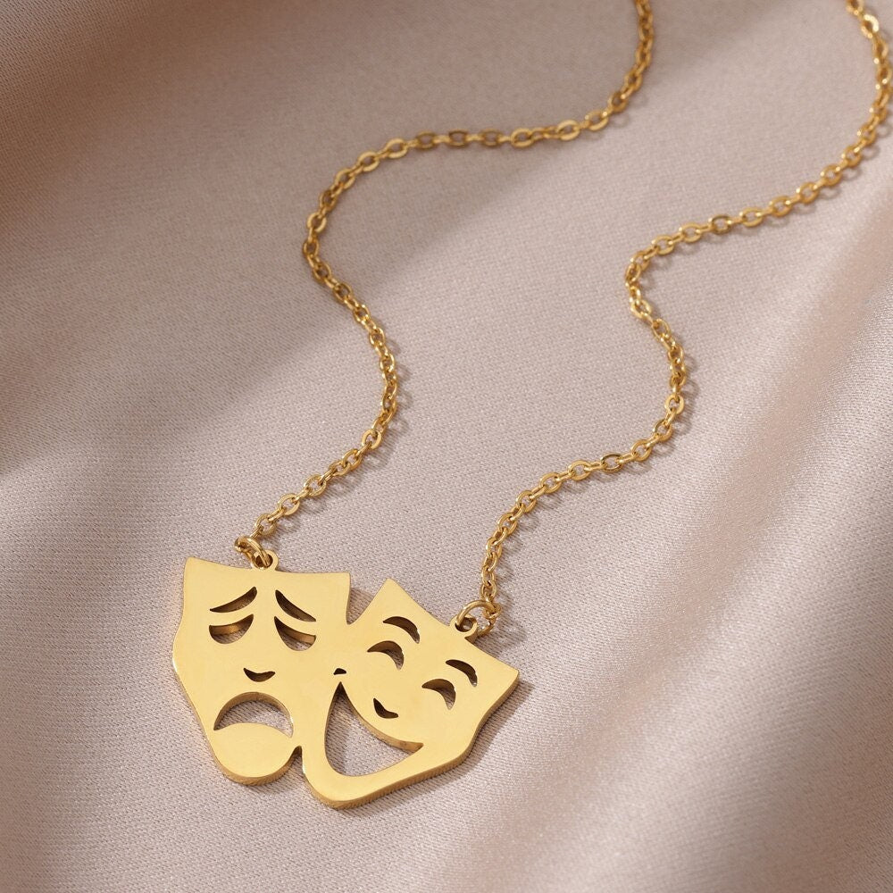 Comedy Tragedy Masks Pendant, Gold Greek Theater Necklace, 18K Gold, Dainty Minimalist Punk Artsy Performer for Women, Gift for Her