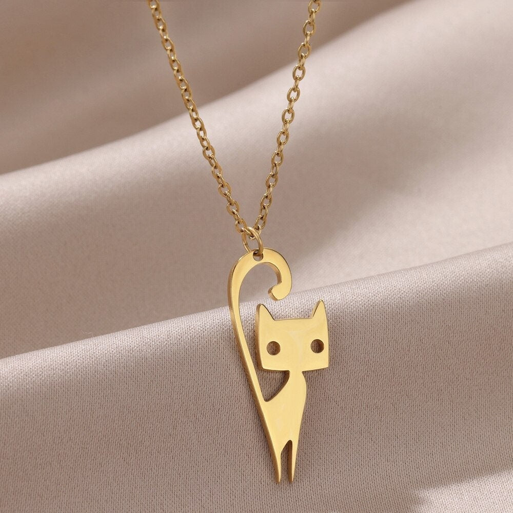 Punk Cute Cat Pendant, Gold Boho Cat Necklace, 18K Gold, Dainty Minimalist Animal Lovers for Women, Gift for Her