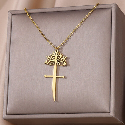 Boho Tree Sword Pendant, Gold Nature Sword Necklace, 18K Gold Sword Pendant, Dainty Minimalist Tree Nature Broken Sword, Gift for Her