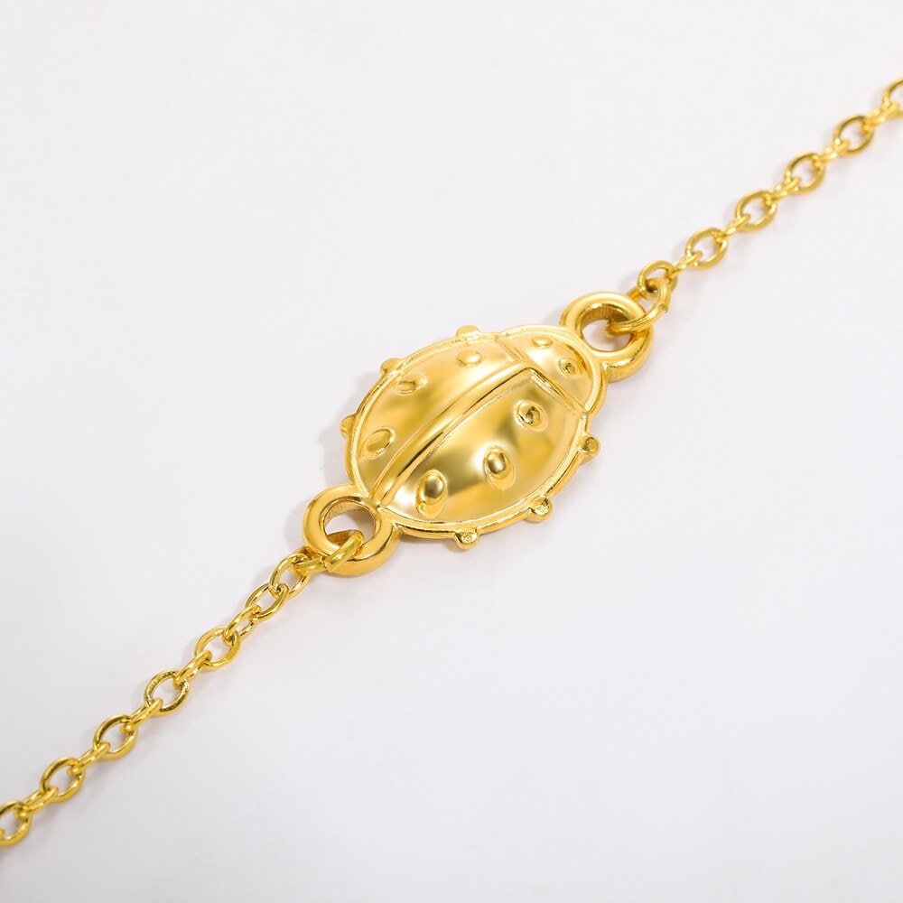 Boho 18K Gold Lady Bug Bracelet, Punk Gold Ladybug Charm Bracelet, Dainty Minimalist Bracelet for Women, Gift for Her