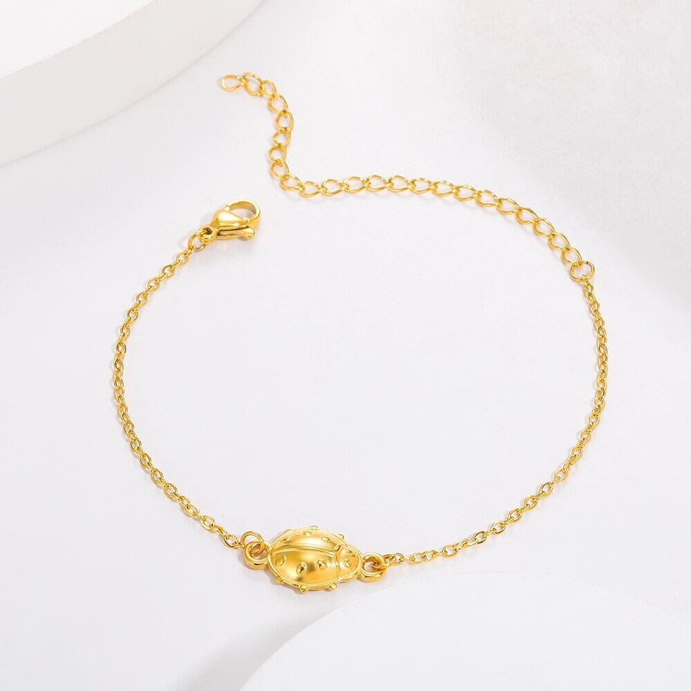 Boho 18K Gold Lady Bug Bracelet, Punk Gold Ladybug Charm Bracelet, Dainty Minimalist Bracelet for Women, Gift for Her
