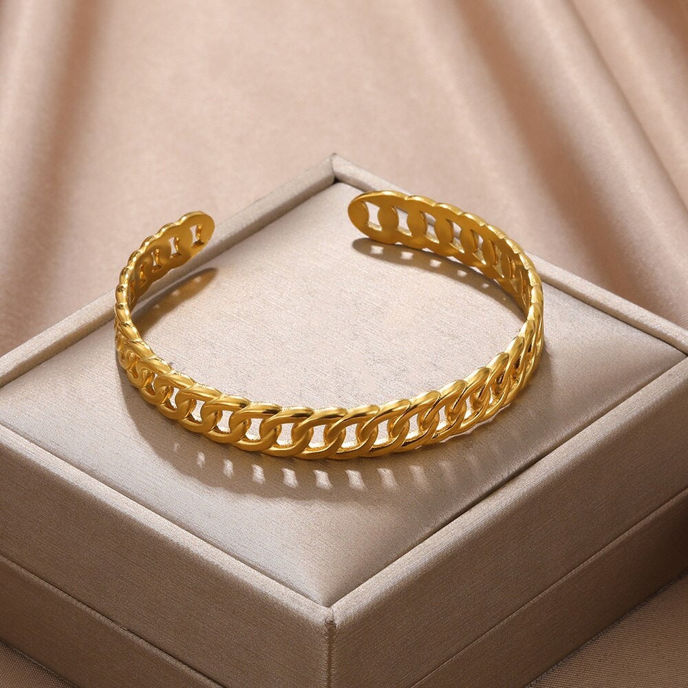 Punk Cuban Link Bracelet, 18K Gold Cuban Chain Bangle, Boho Dainty Minimalist Miami Style Bangle for Women, Gift for Her