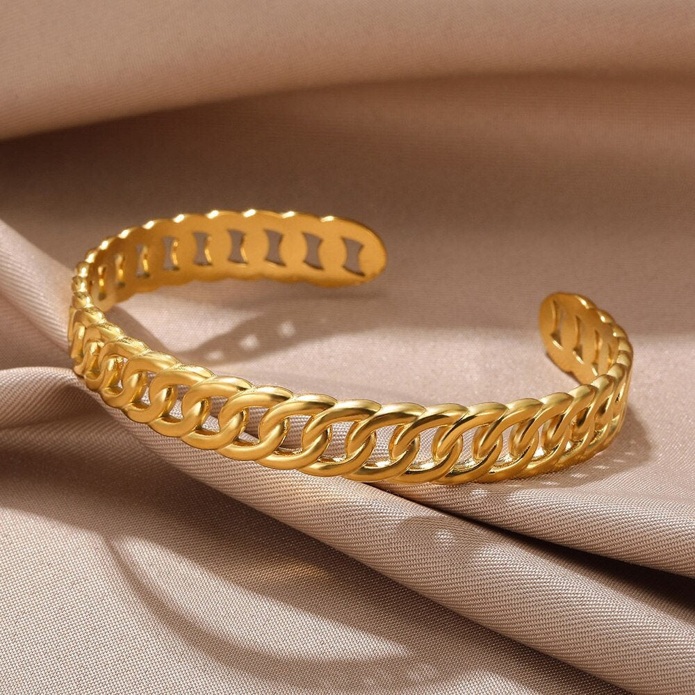 Punk Cuban Link Bracelet, 18K Gold Cuban Chain Bangle, Boho Dainty Minimalist Miami Style Bangle for Women, Gift for Her