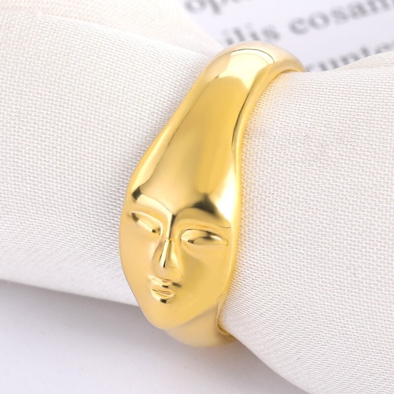 Boho Gold Face Ring, Punk 18K Gold Abstract Face Ring, Dainty Minimalist Gothic Abstract Artsy Artist Ring for Women, Gift for Her
