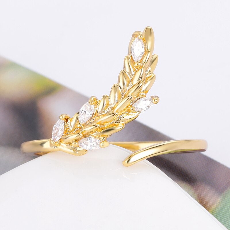 Boho Gold Wheat Ring, 18K Gold Cubic Zirconia Wheat Leaves Ring, Dainty Minimalist Punk Ring for Women, Gift for Her